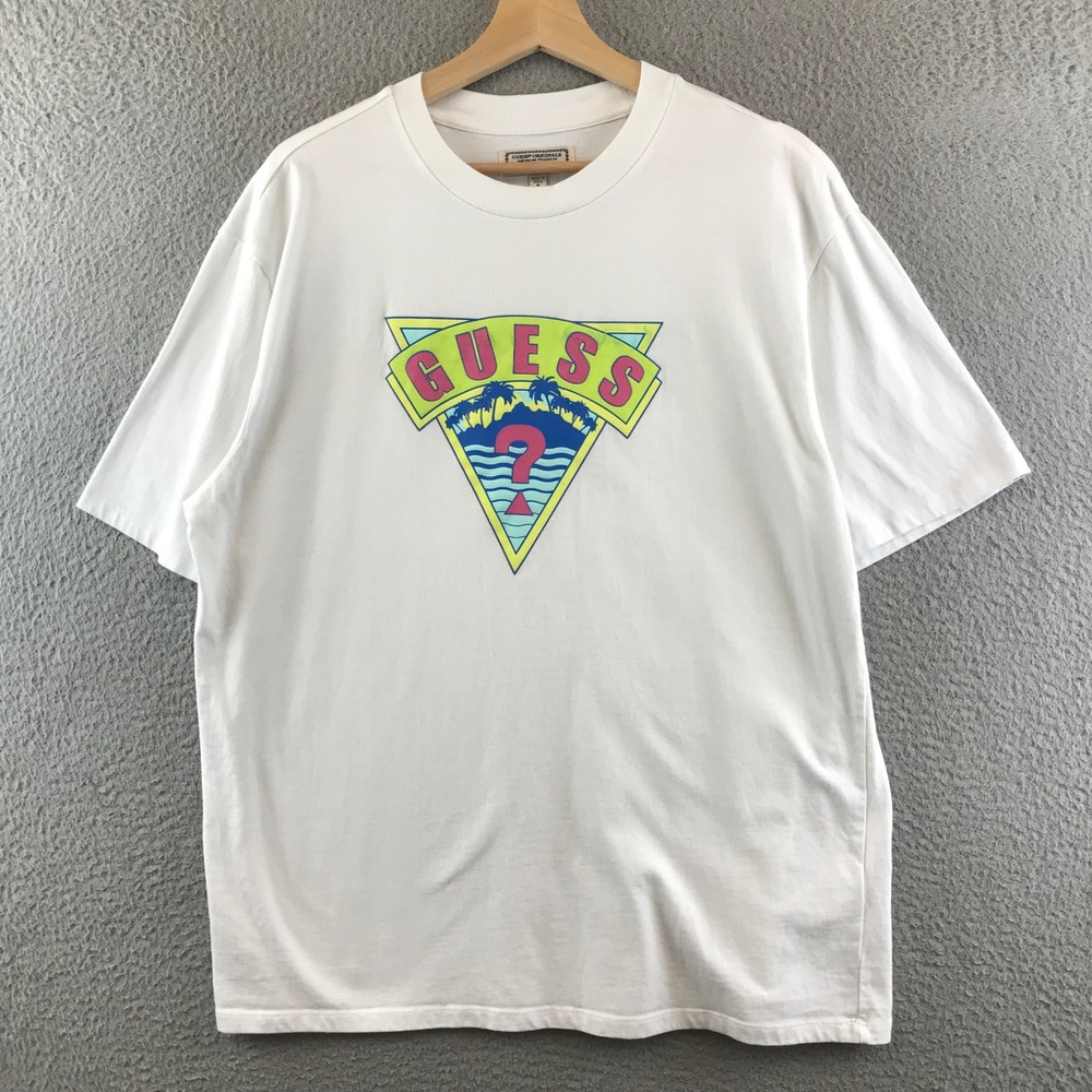 Vintage‎ GUESS Originals T Shirt Men's Medium White Graphic Palm Tree